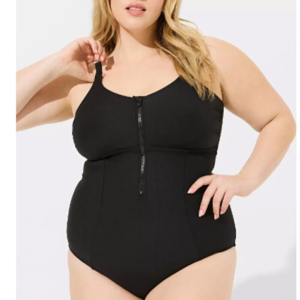 Torrid Corset Shape Swim Zip Front One Piece Swimsuit True Black Wirefree 4X